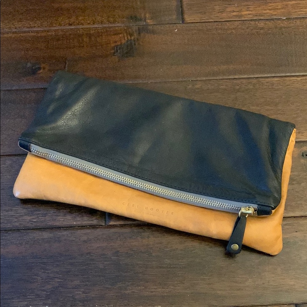Ceri Hoover Black and Tan Leather Clutch Made in Los Angeles